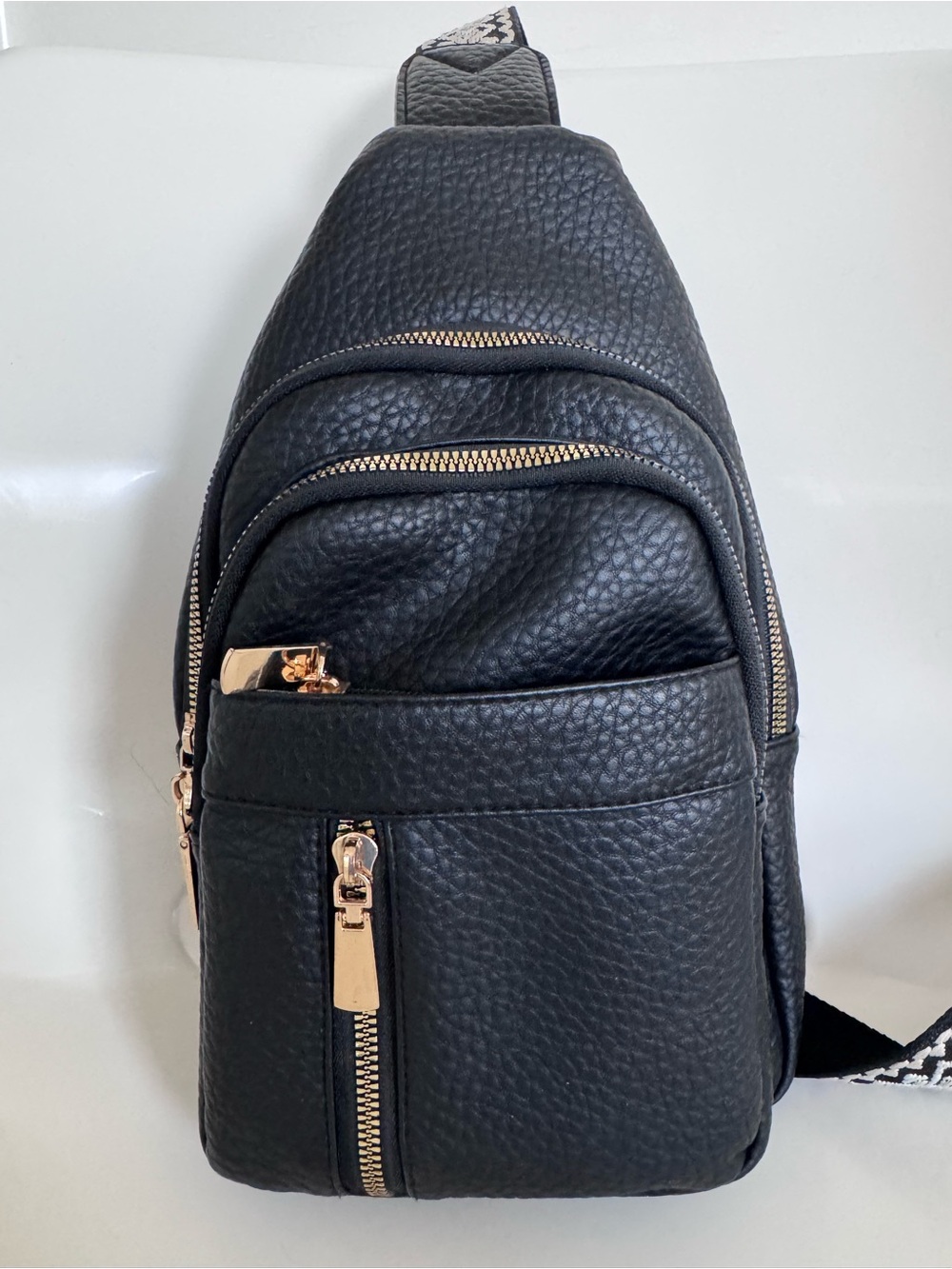 Black Leather Sling Backpack w Embroidered Boho Guitar Strap Crossbody Backpack - Picture 2 of 14